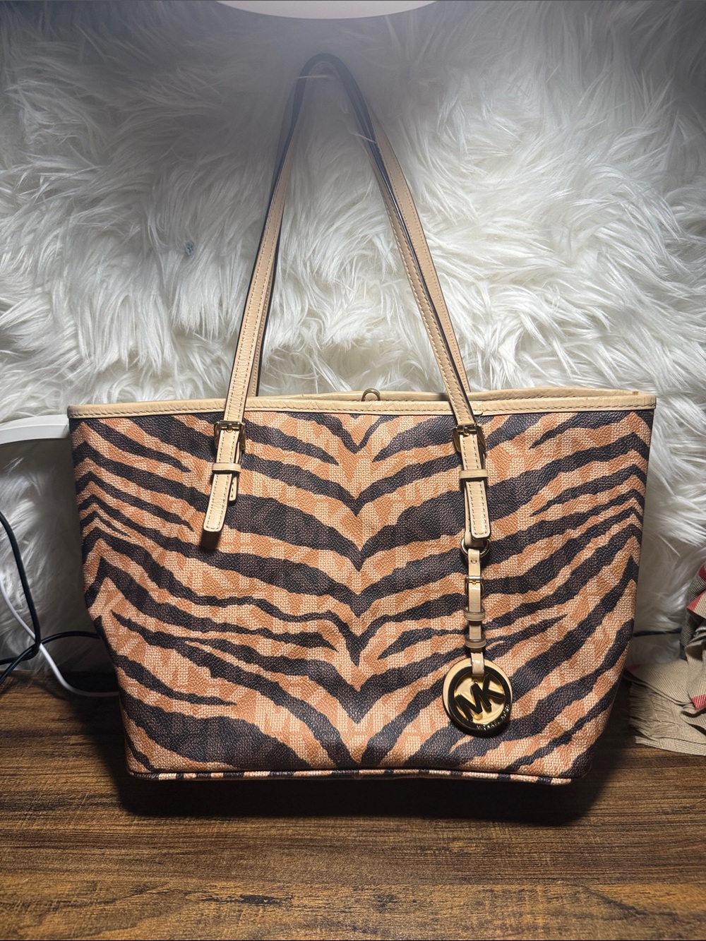 Michael Kors Brown Tan Zebra-Print Tote with Gold MK Charm